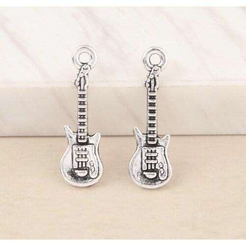30pcs Silver Color Small Guitar Charms Musical Instruments Pendant For DIY Handmade Jewelry Making Accessorie 24x8mm