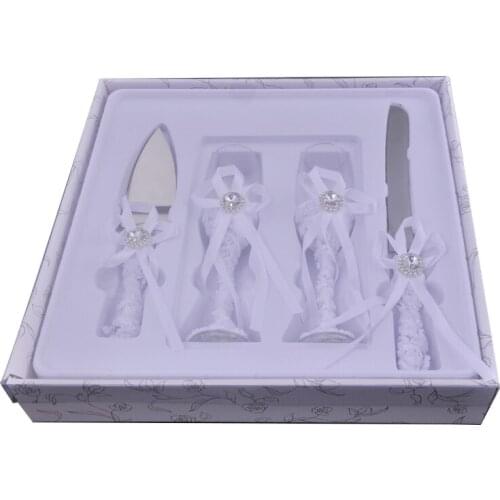 4pcs Elegant Wedding Cake Cutter Shovel Set Diamond Decorated Cake Pizza Knife Ribbon Bow Champagne Flutes Birthday Party Gifts