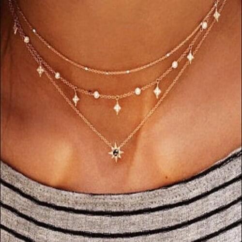 Aprilwell One Piece Trendy Star Pendant Necklace for Women Multilayer Shinestone Sun Choker Chain ZA Fashion Jewelry Streetwear