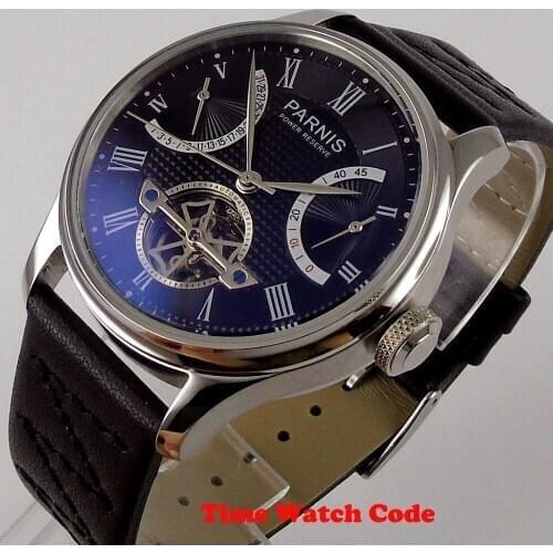 43mm PARNIS Black dial Power Reserve Date indicator Automatic Movement Mens Watch Roman Numerals white marks black leather