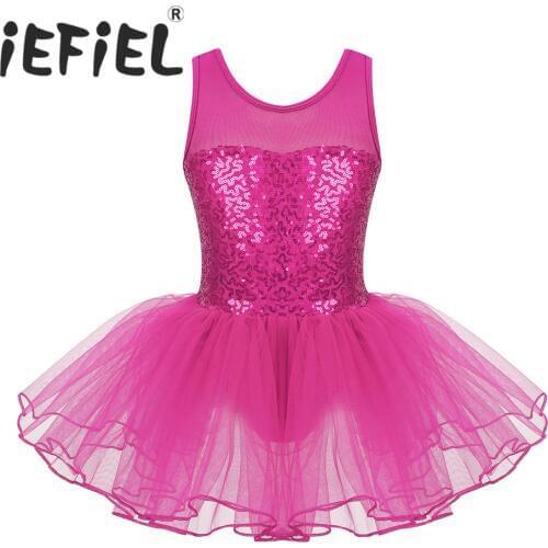 Sequins Kids Girls Ballerina Dancewear Sleeveless Stretch Mesh Splice Ballet Dance Tulle Gymnastics Leotard Mesh Tutu Dress
