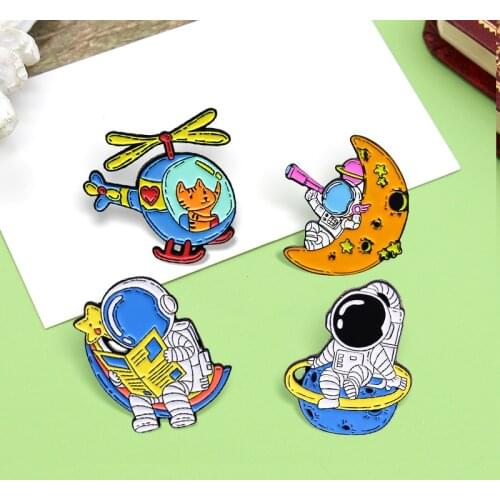 Astronaut Pilot Plane Enamel Pins Custom Universe Space Starry Sky Night Moon Stars Brooches Badge Lapel Clothes bag Jewelry Gif
