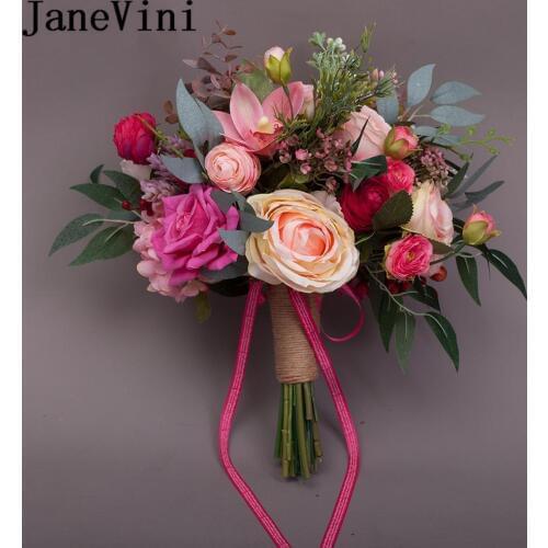 JaneVini 2019 Pink Flowers Artificial Bridal Bouquets Vintage Rose Red Leaf Wedding Brooch Bride Hand Holder Bouquet De Mariage