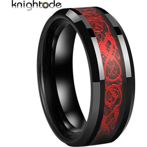 8mm Black Tungsten Carbide Rings With Red Dragon/Black Carbon Fiber Inlay Fashion Tungsten Wedding Band Beveled Edges Polished