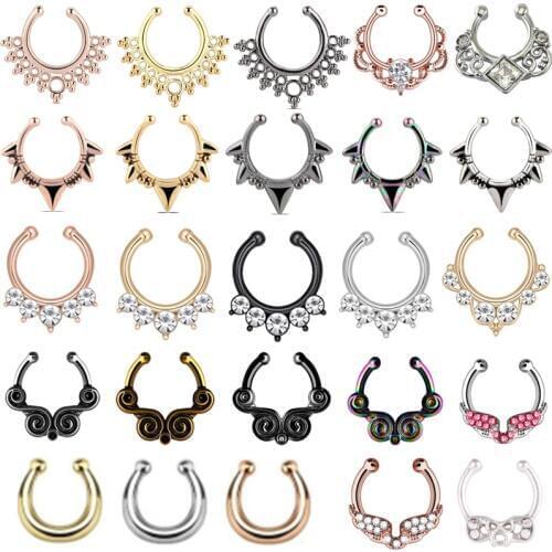 1PCS Zircon Stainless Steel Fake Nose Piering Ring Septum Cheater Clip On Non Piercing Nose Ring Septum Jewelry Faux Percing Nez
