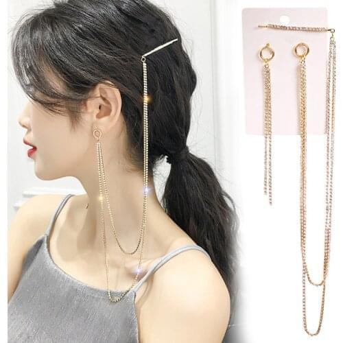 Creative Chian Earrings with Hairpin Exaggerated Luxury Jewelry Punk Design Long Earrings Statement Hair Clip Earring Set