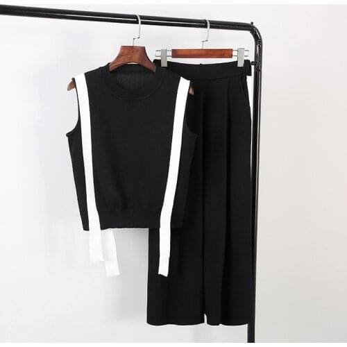 Ice Silk Summer Womems Tracksuit Patchwork Sleeveless O-neck Crop Tops + Wide Leg Pants Sports 2 Piece Set Women Casual Korean