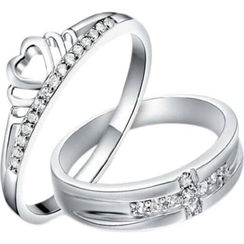 Fashion Opening Adjustable Crystal Crown Cross Ring Wedding Band Promise Engagement Jewelry Romantic Couple Gifts
