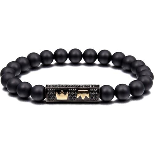 Brand Trendy Natural Beads Strand Bracelet Micro Pave CZ Royal Crown Charm Bangles Men European Buddha Jewelry