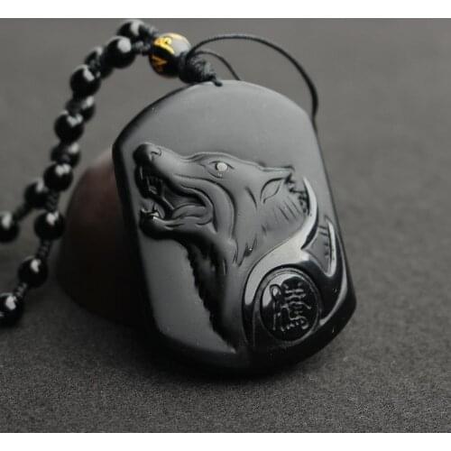 1 Pcs Natural Obsidian Carved Totem Wolf Head Shape Charms Beaded Rope Pendant Necklace For Fashion Men&Women Jewelry