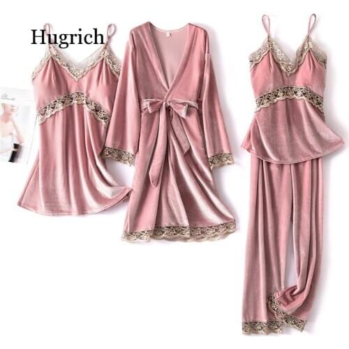 New Women Velvet 4 Pieces Pajamas Sets Sling Sexy Lace Sleepwear Winter Autumn Pyjama with Chest Pad Wine Red Robe
