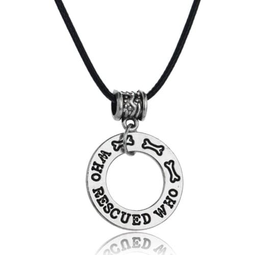 Animal Rescue Jewelry "Who Rescued Who"Rescue Dog Pet Leather Rope Pendant & Necklace Cute Gift Charms For Pet Lover Women Men