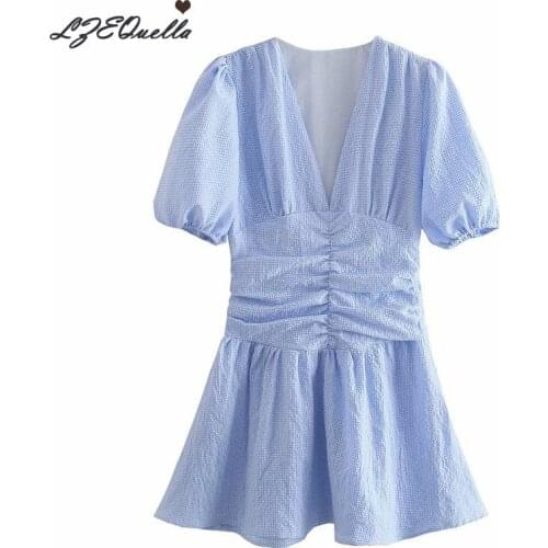 LZEQuella Blue Plaid Puff Sleeve Dress Summer French Style V Neck High Waist Ruffled Mini Party Dresses Women Vestidos NZ3826