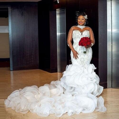 Luxury African Wedding Dresses Flouncing Ruffles Long Sleeves High Neck vestidos de novia Beaded Plus Size Bridal Dress