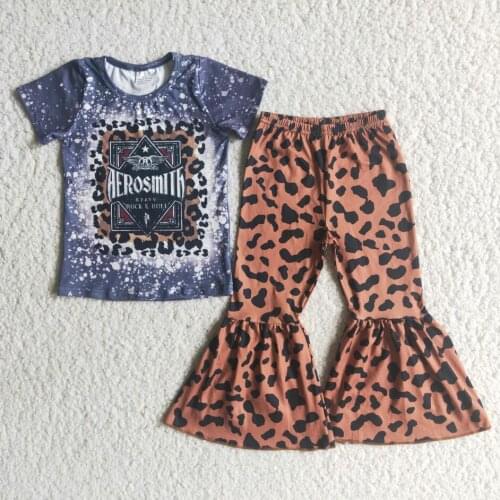RTS No moq Hero Print Outfits Baby girls Boutique Short Sleeves Top and Bell Leopard Pants Children Clothing Fashion Sets