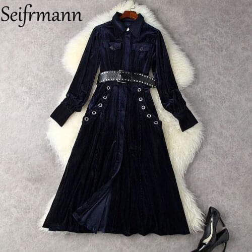 Seifrmann New 2021 Autumn Women Fashion Designer Party Long Dress Lantern Sleeve Sashes Elegant Blue Print Velvet Dress Vestidos