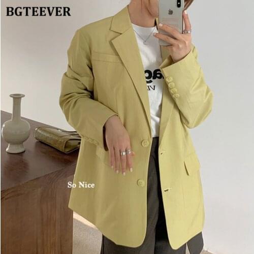 BGTEEVER Chic Vintage Single-breasted Women Solid Blazer Summer Ladies Full Sleeve Suit Jackets Casual Loose Female Outwear