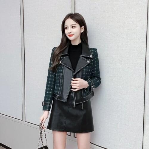 2021 Fried Street Womens Tweed Short Jacket Leather Clothing Net Red Ocean Hong Kong Flavor Locomotive West Clothing Plaid Top
