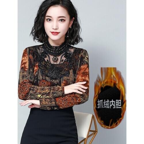 M-4XL new style spring korean large size ladies fashion plus velvet long sleeve embroider mesh &Lace hollow out printed t-shirts