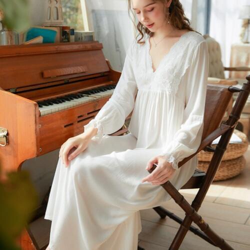 Women Long-Sleeved Nightgown Female Vintage Sexy Lace V-neck Cotton Nightwear Solid Color Sleepwear Girls Princess Nightdress