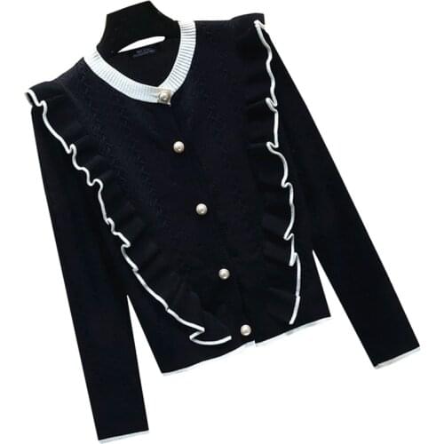 Japanese style sweater spring autumn V-neck cotton knitted sweater cardigan multicolor Round neck with wooden ears womens wear