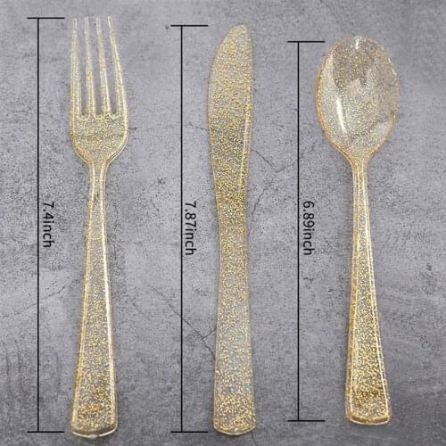 20-24pcs Disposable Plastic Gold Glittering Dessert Cake Knife Dinner Fork Spoon set Wedding Birthday Christmas Party Cutlery
