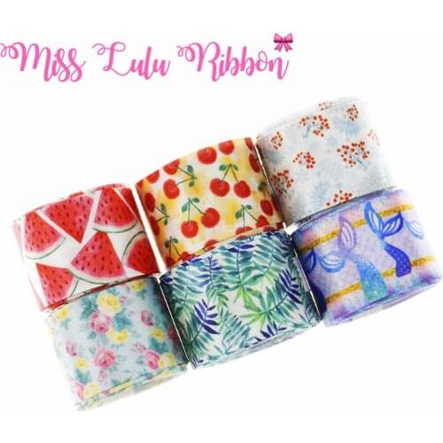 9mm-75mm Scale Mermaid Leaf Patterns Printed Single Face Satin Ribbon Cherry Flower DIY Hair Bowknots 100yards/roll
