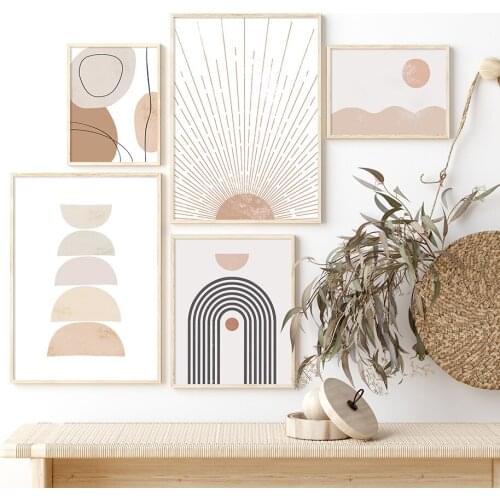 Abstract Geometric Brush Beige Boho Style Canvas Painting Wall Art Pictures Home Decor Posters Prints Interior Living Room