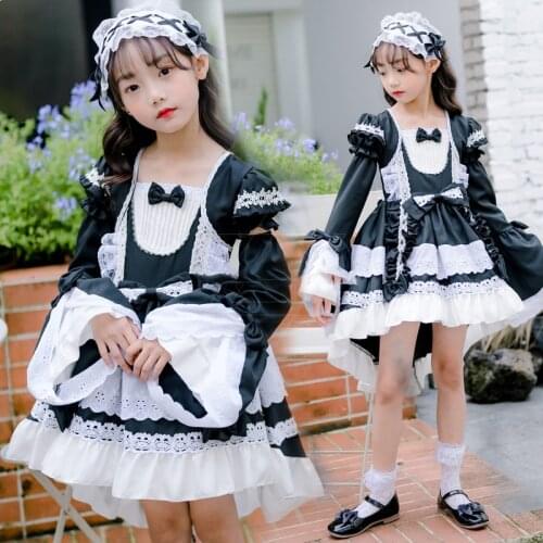 Halloween Children Party Dress Maid Lolita Cosplay Costume Girls Anime Black Pink Maid Wear Princess Dress Outfits Set