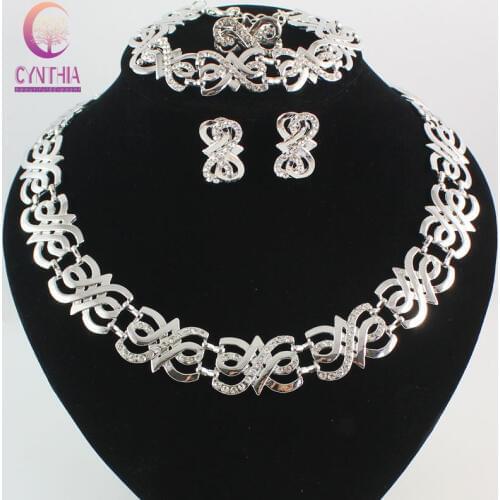 Dubai silver color jewelry sets for women bridesmaid rhinestone crystal necklace choker earrings bracelet set
