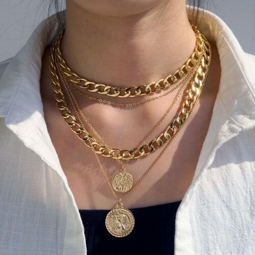 EN Punk Gold Portrait Coin Pendant Necklace For Women Cuban Multilayered Chunky Thick Chain Choker Necklaces Gothtic Jewelry