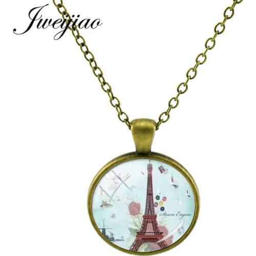 JWEIJIAO Retro Clock Eiffel Tower Pendant Necklace Statue Of Liberty Ancient Buildings Glass Cabochon Charms Jewelry FU22