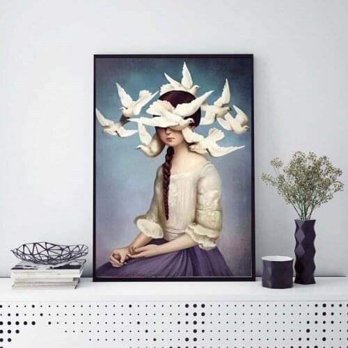 Girl and Pigeons Nordic Minimalist Decoration Painting Printed on Canvas Wall Art Picture Home Decor Posters and Prints Unframed