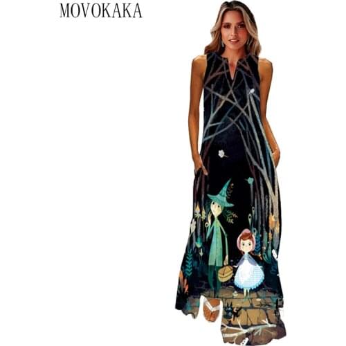 MOVOKAKA Character Cartoon Print Black Dress 2021 Casual Plus Size Long Dresses Summer Woman Sleeveless Girls Beach Dress Women