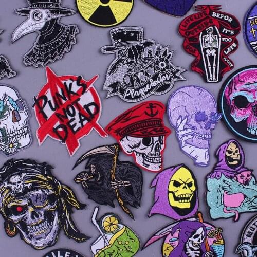 Pulaqi Grim Reaper Skull Patches For Clothing Plague Doctor Iron On Embroidered Patches For Jacket DIY Punk Skull Applique Badge