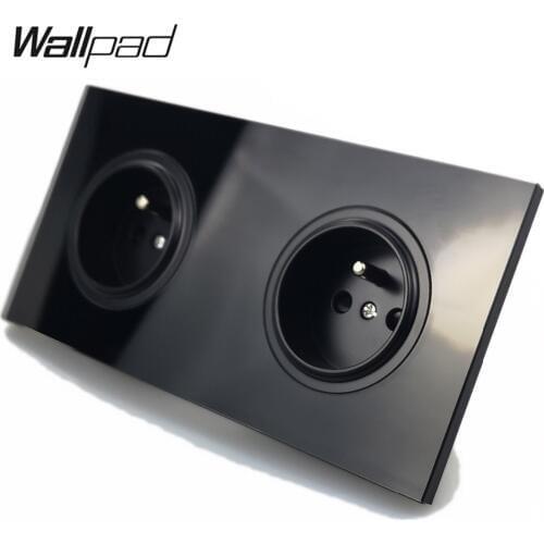 Wallpad L6 Black Tempered Glass Double Frame French Wall Socket Electrical Power Outlet 16A Round Design
