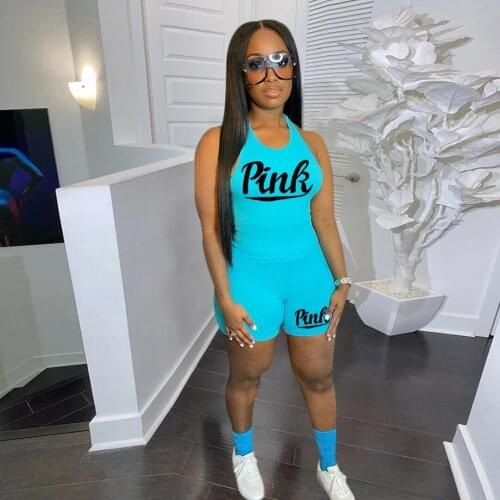 2021 Summer New Fashion Womens Sexy Fashion Letter Pure Color Printing Plastic Neck Set 2 Pieces Set