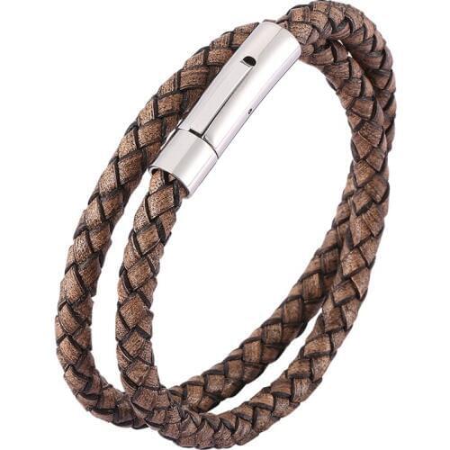 New Vintage Brown Braided Leather Double Layer Steel Buckle Genuine Leather Bracelet Men Women Wristband Gifts BB0491