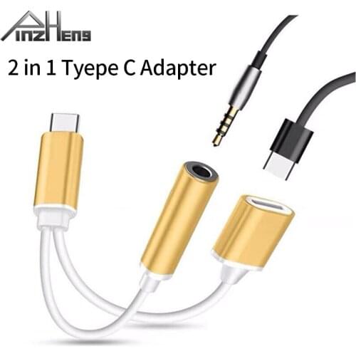 PINZHENG Type-C to Type C + 3.5mm Aux Jack Charging Audio Adapter 2 In 1 Splitter Headphone Adapter For Xiaomi Samsung Huawei