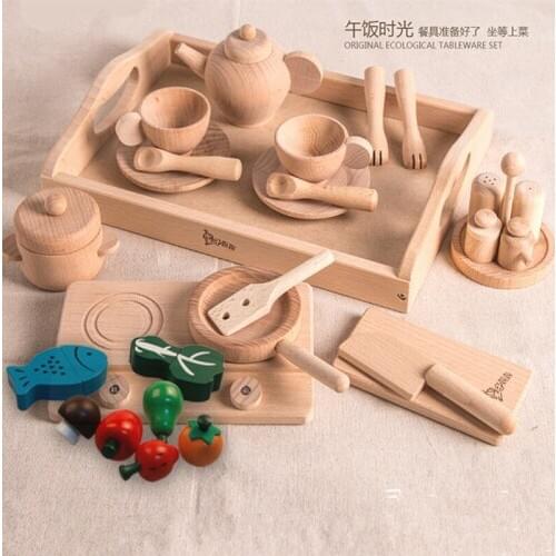 Family Toy Mother Garden Western Kitchenware Suit Beech without Paint Mini Spoon Bowl Teapot Parent Child Interactive Games Gift