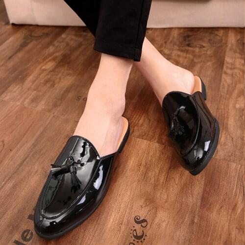 Luxury Brand Patent Leather 38~46 Slippers Men Flip Flops Sandals Classic Mules Slides Outdoor Man Tassel Shoes Zapatos Hombre