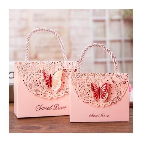 Blue purple Butterfly Flower Candy paper gift bag with handle Wedding favor Portable Gift paper Box wedding Party Favors