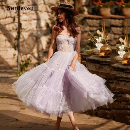 Smileven 2021 Fairy Light Purple Short Prom Dress One Shoulder Puff Tulle Cocktail Dresses Tea Length Evening Party Gowns