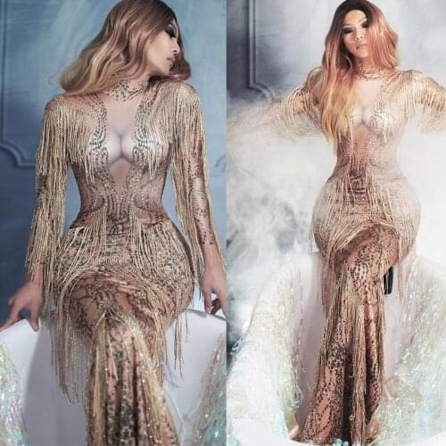 Rhinestone Dress Women Singer Evening Tassel Long Dress Festival Clothing Drag Queen Costume Fringes Celebrity Dresses DT976