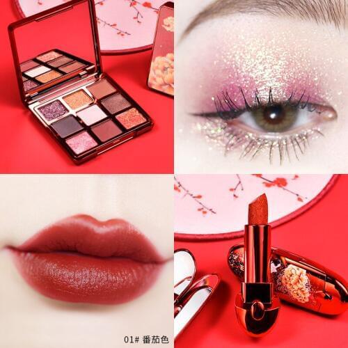 Suikone lip makeup set with eyeshadow palette sexy red lipstick waterproof long lasting gift set batom matte lipstick pen AC090