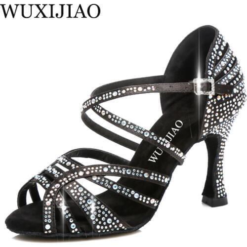 WUXIJIAO Latin Dance Shoes Women New laser Rhinestone Satin Salsa Party Ballroom Dancing Shoes Skin bronze Cuba high heel 9cm