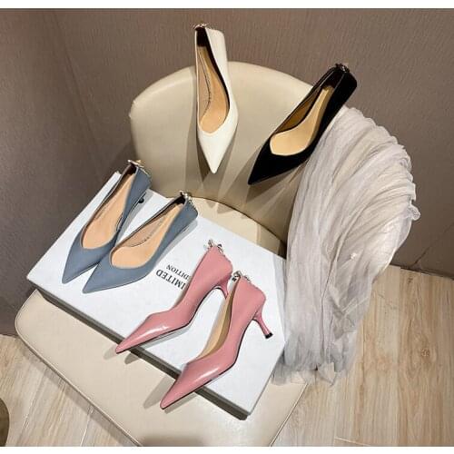 2021 New Women Genuine Leather thick heel shoes toe shoes workplace work shoes cow patent