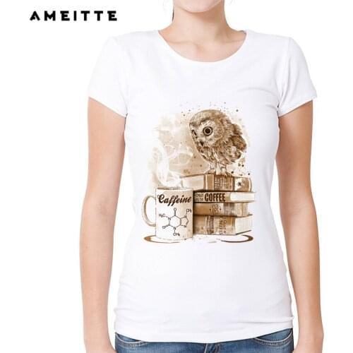 Vintage Owl Design T-Shirt Summer Fashion Women t-shirt Coffee Obsession Owl Print T Shirt Casual Tops Cute Female Tees