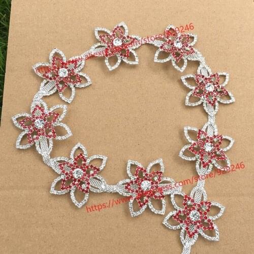 High-quality clear red crystal flower chain trims for garments dress ornaments big flower rhinestone applique for hat shoes bags