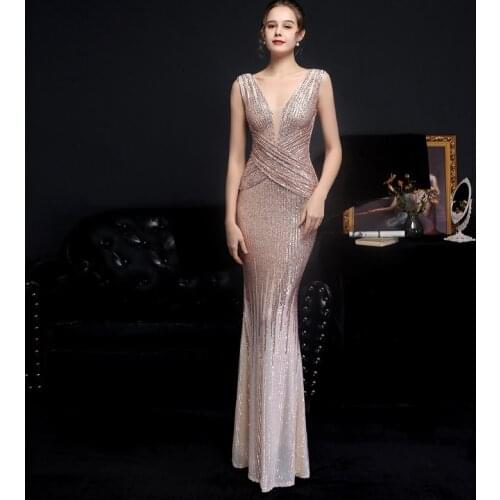 YIDINGZS V Neck Gold Sequin Evening Dress Women Elegant Party Maxi Dress